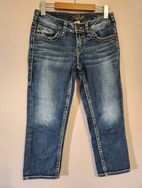 Silver Jeans Aiko Capri Y2K Thick Stitch Embroidered Distressed Denim Blue W25